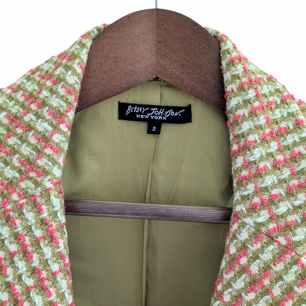 Betsy Johnson Size 2 Tweed Crop Wool Jacket Olive Green & Pink Vintage - Picture 4 of 7